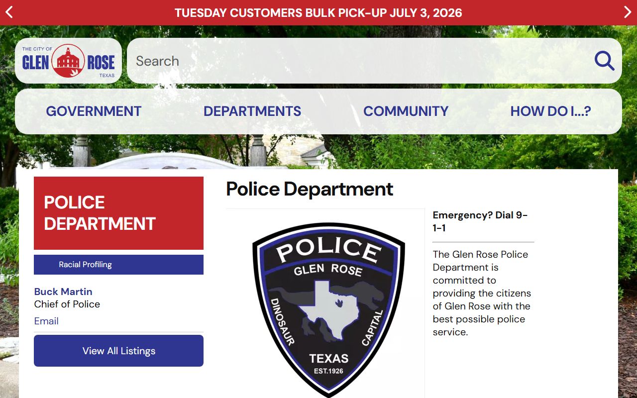 Glen Rose Police Department page with address phone fax and office hours