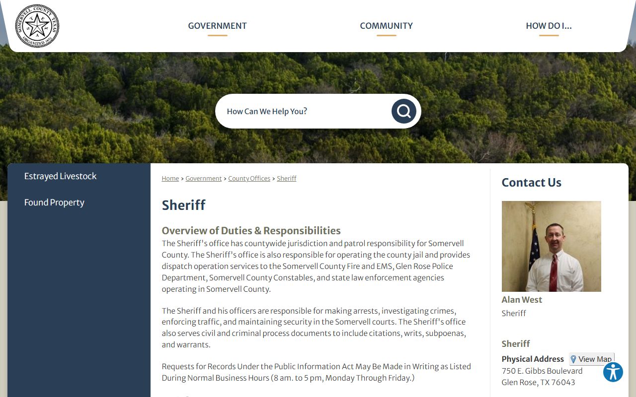 Somervell County sheriff page with jail and records contact information