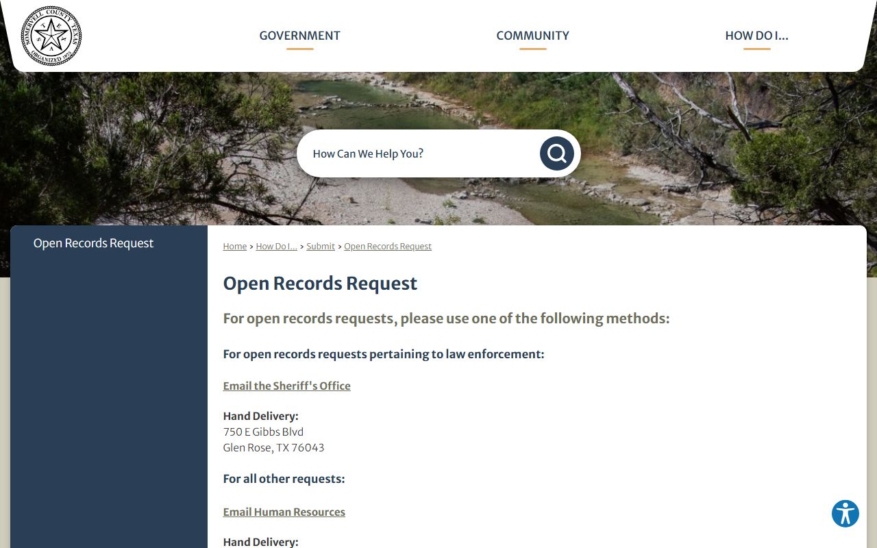 Somervell County open records page for jail inmate records requests
