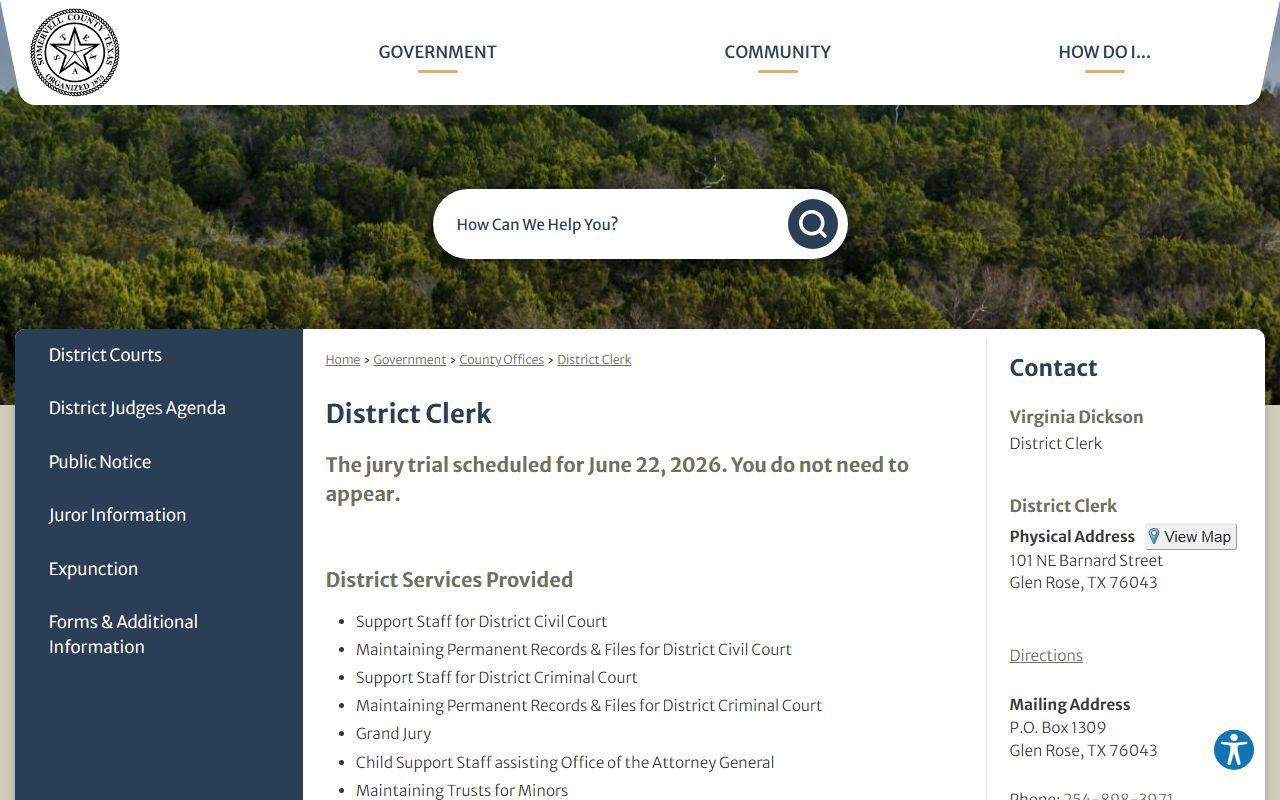 Somervell County District Clerk page with court record links